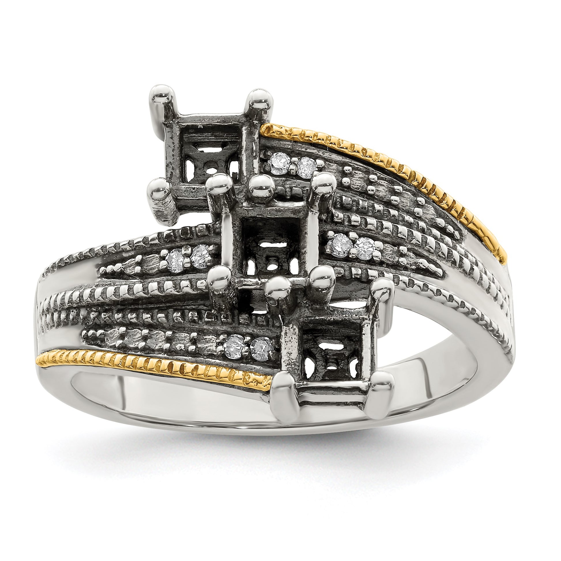 Sterling Silver Antiqued w/14k 3-stone w/Diamond Mother's Semi-Mount Ring