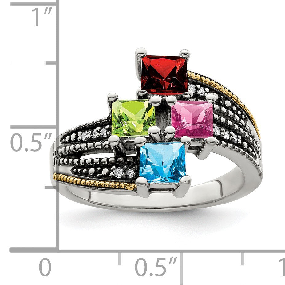 Sterling Silver Antiqued w/14k 4-stone w/Diamond Mother's Semi-Mount Ring