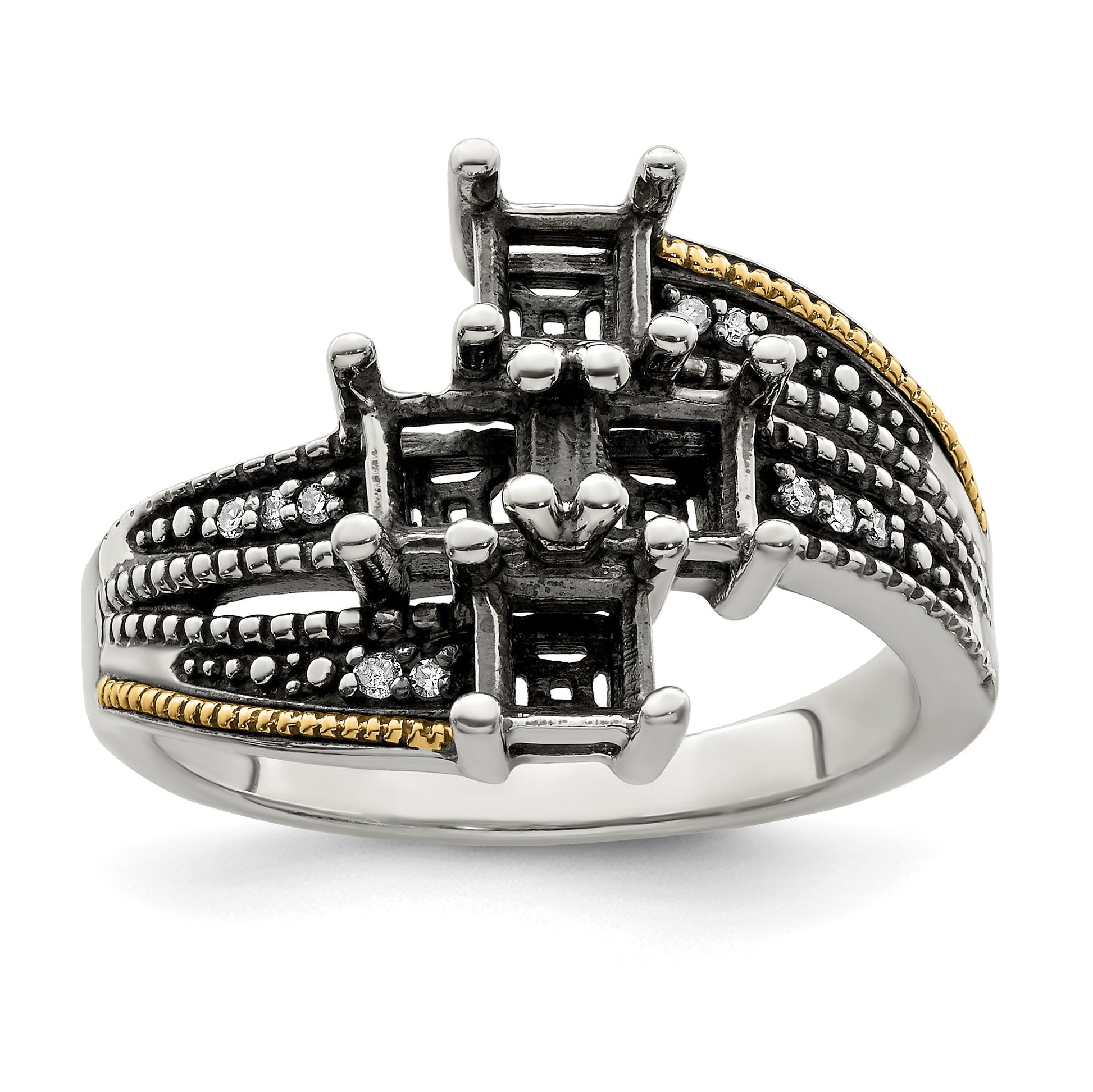 Sterling Silver Antiqued w/14k 4-stone w/Diamond Mother's Semi-Mount Ring