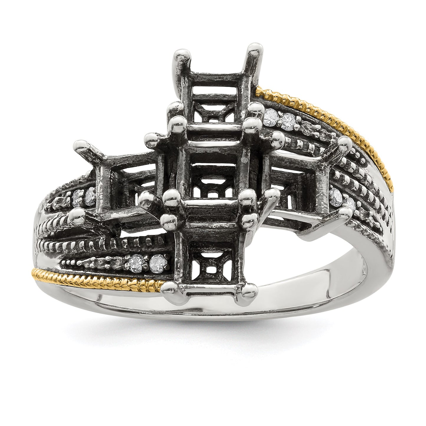 Sterling Silver Antiqued w/14k 5-stone w/Diamond Mother's Semi-Mount Ring