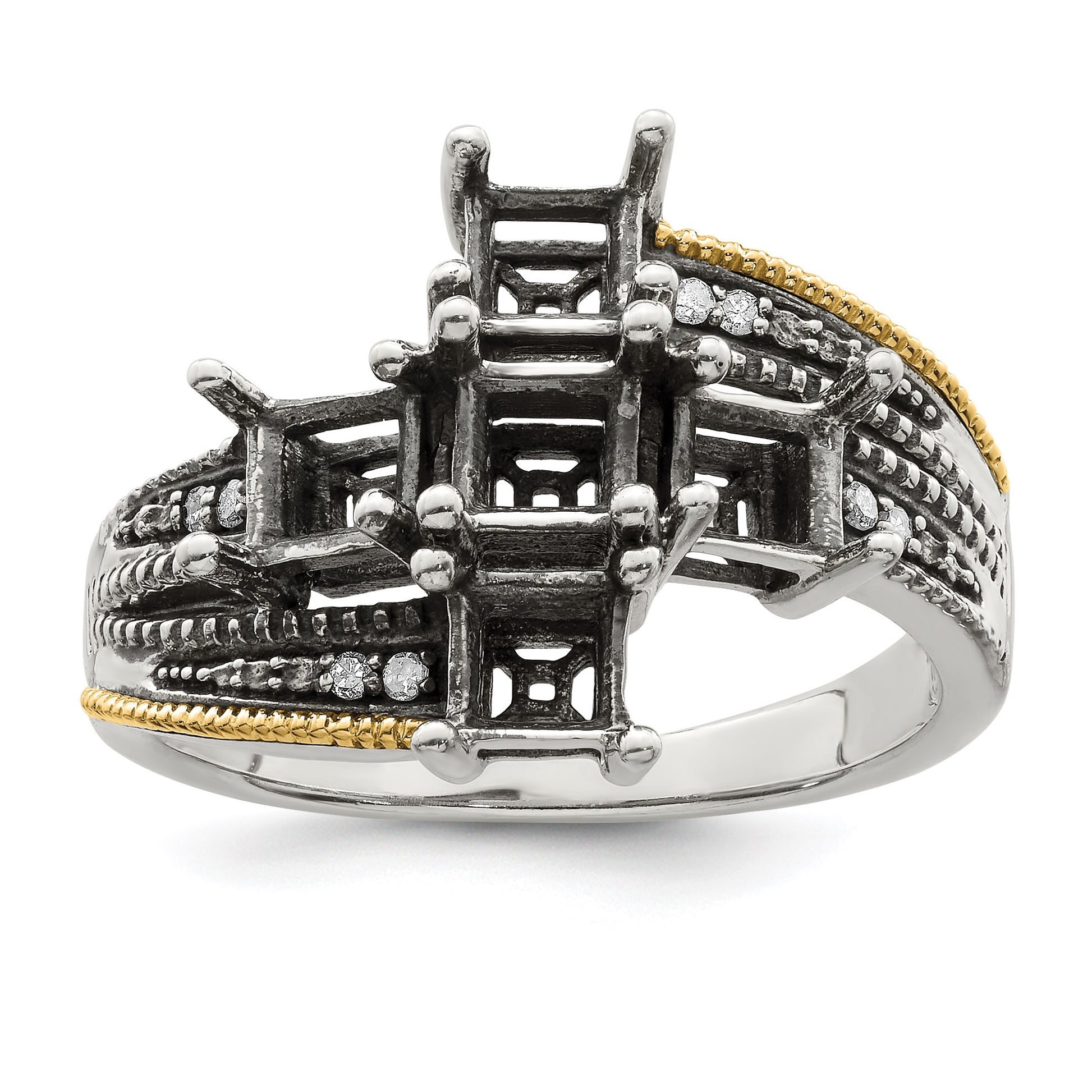 Sterling Silver Antiqued w/14k 5-stone w/Diamond Mother's Semi-Mount Ring