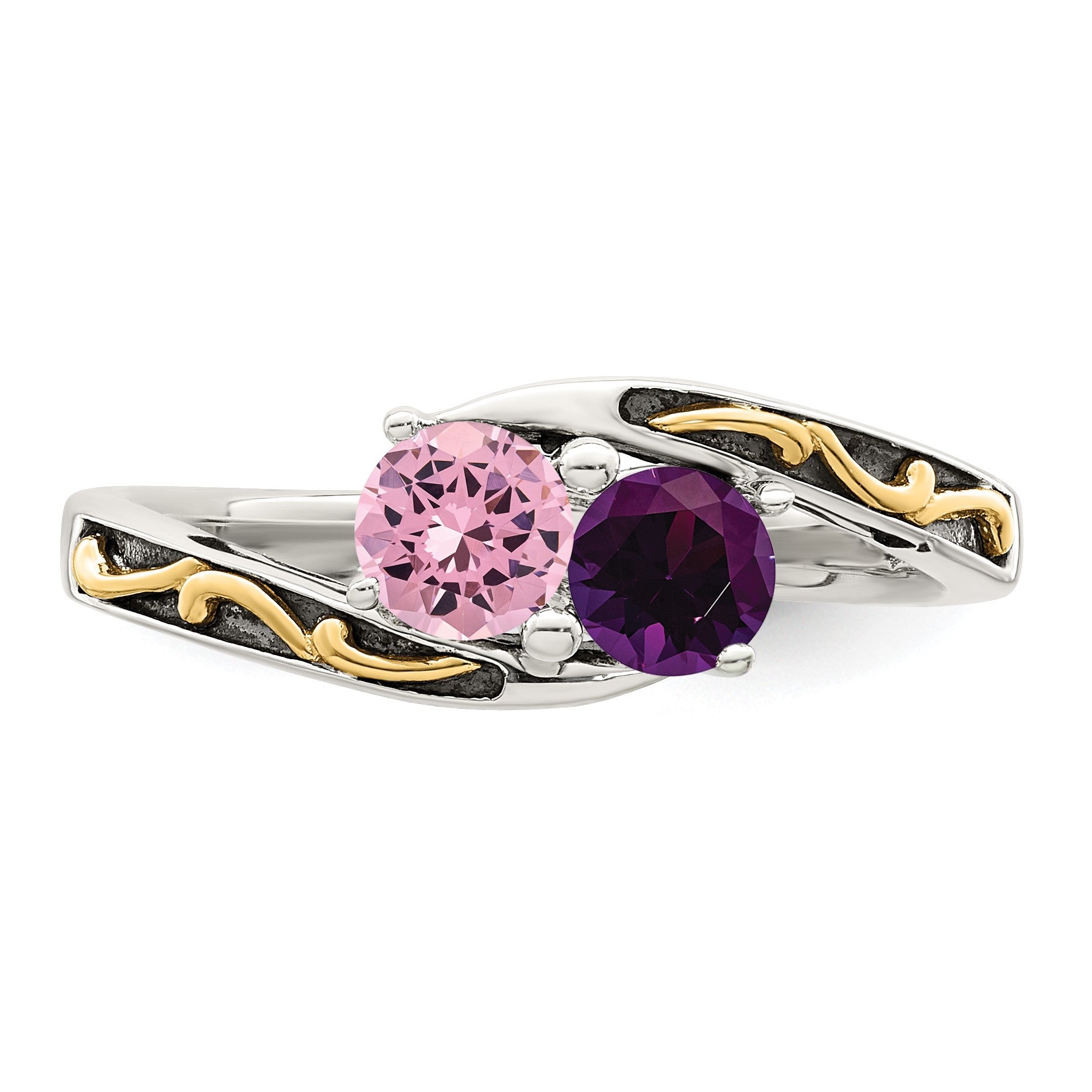 Sterling Silver Antiqued w/14k 2-stone Mother's Ring Mounting