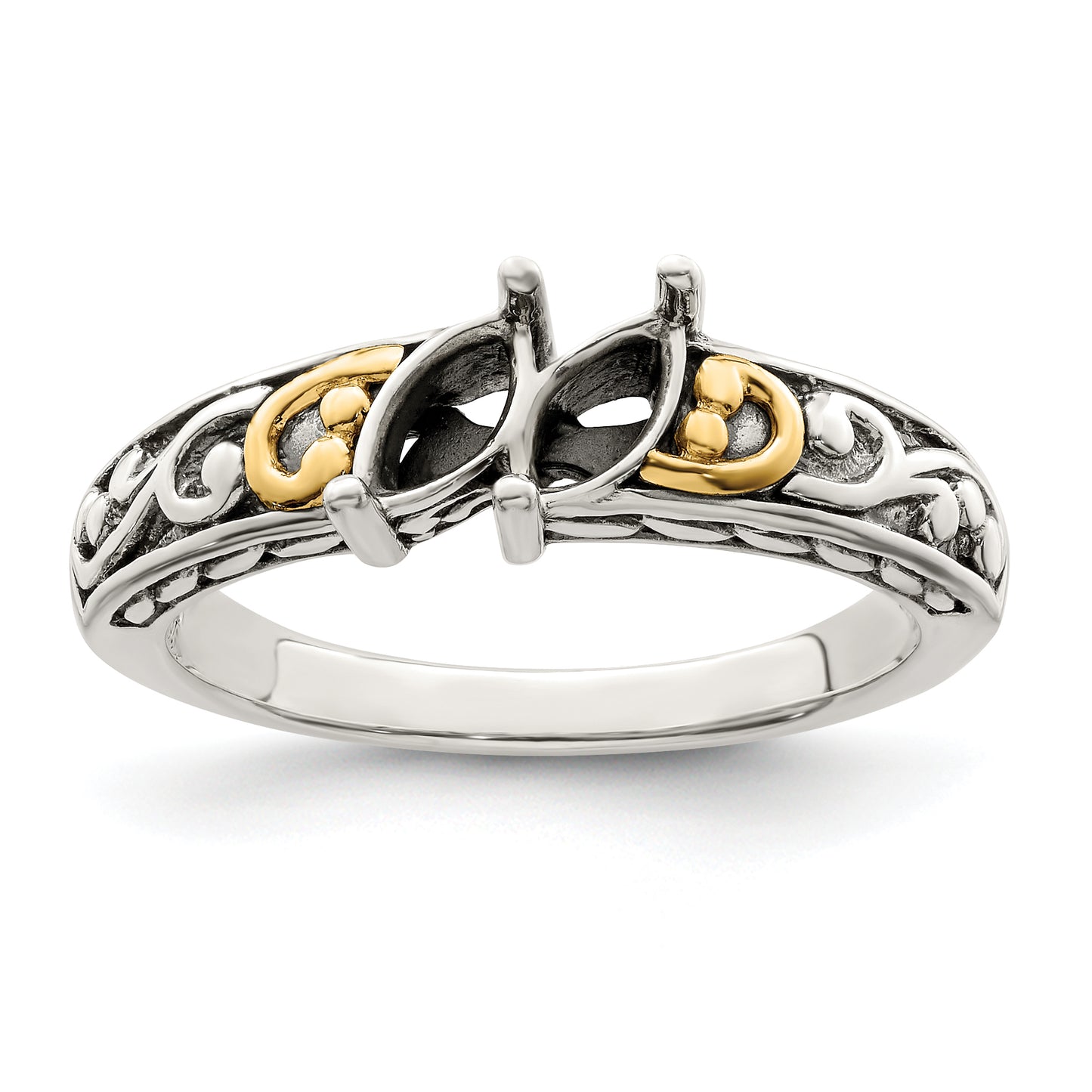 Sterling Silver Antiqued w/14k 2-stone Mother's Ring Mounting