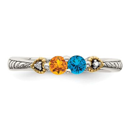 Sterling Silver Antiqued w/14k 2-stone w/Diamond Mother's Semi-Mount Ring