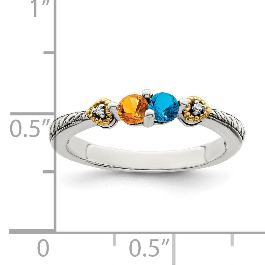 Sterling Silver Antiqued w/14k 2-stone w/Diamond Mother's Semi-Mount Ring