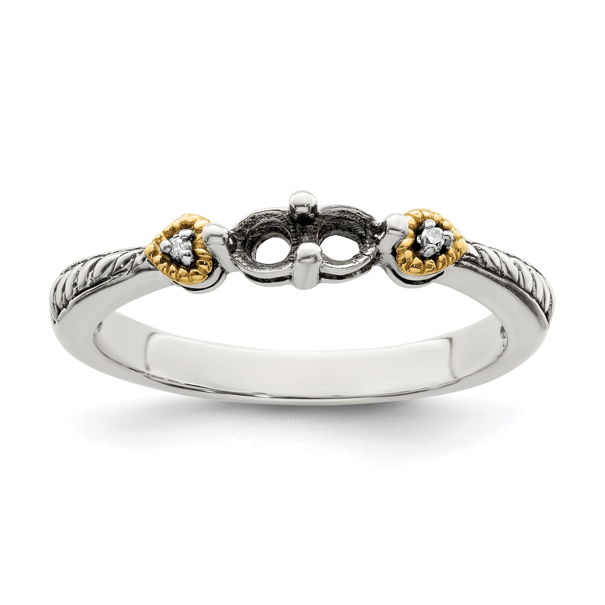 Sterling Silver Antiqued w/14k 2-stone w/Diamond Mother's Semi-Mount Ring