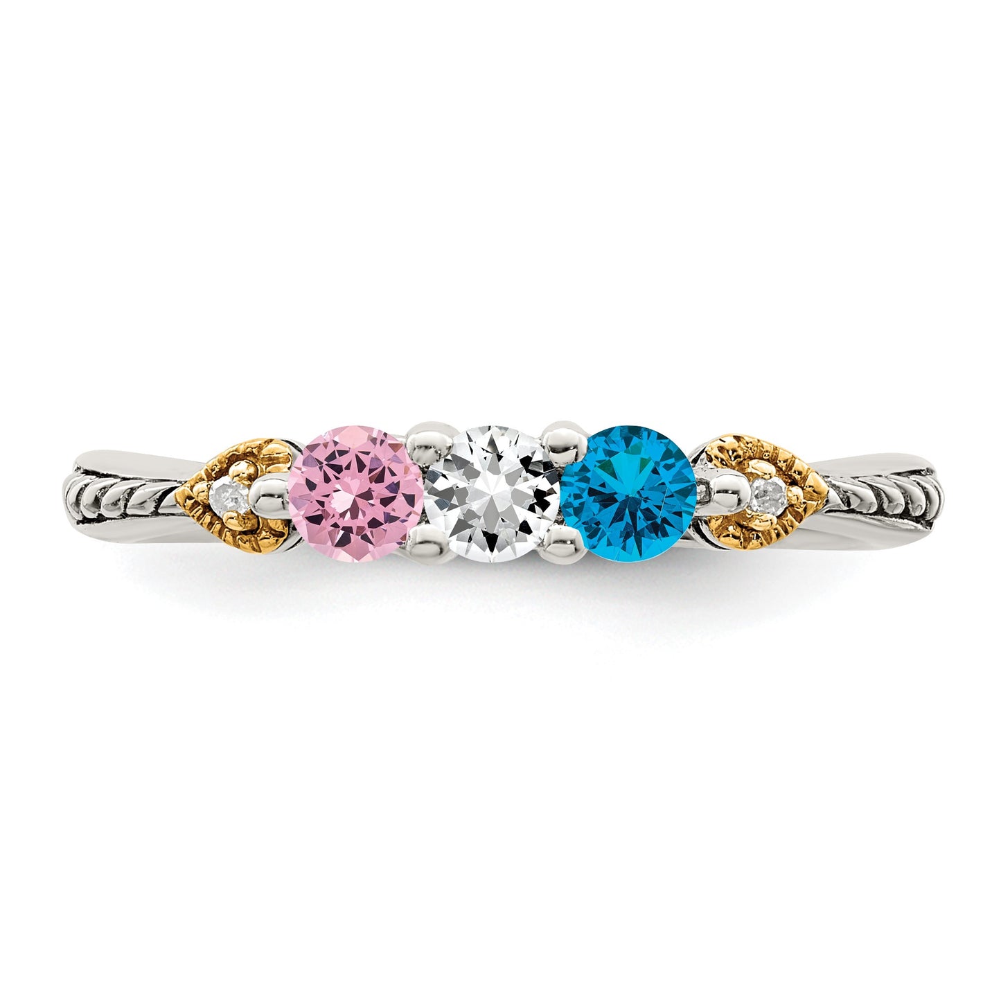 Sterling Silver Antiqued w/14k 3-stone w/Diamond Mother's Semi-Mount Ring