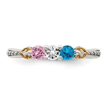 Sterling Silver Antiqued w/14k 3-stone w/Diamond Mother's Semi-Mount Ring