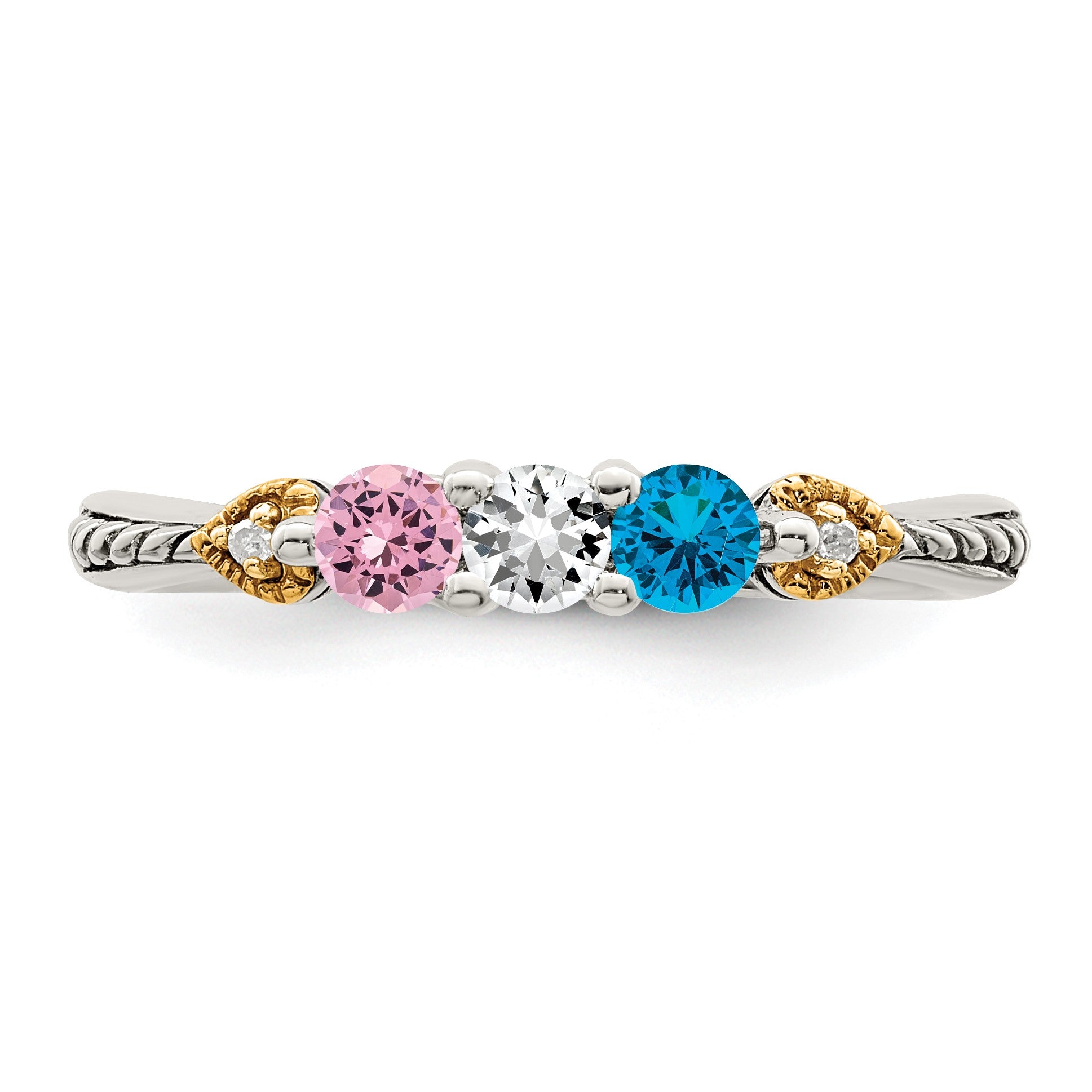 Sterling Silver Antiqued w/14k 3-stone w/Diamond Mother's Semi-Mount Ring