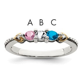 Sterling Silver Antiqued w/14k 3-stone w/Diamond Mother's Semi-Mount Ring