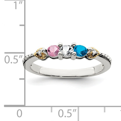 Sterling Silver Antiqued w/14k 3-stone w/Diamond Mother's Semi-Mount Ring