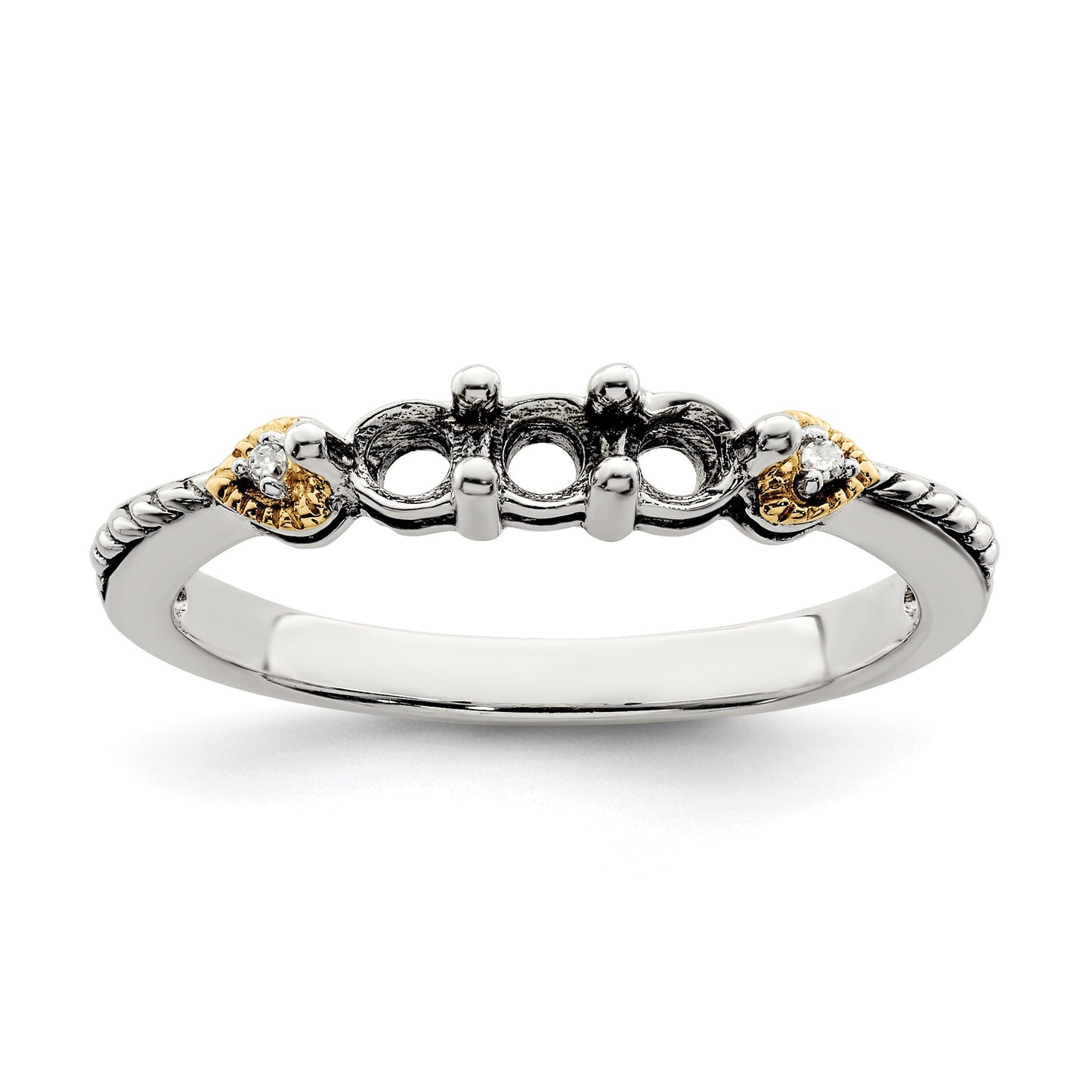 Sterling Silver Antiqued w/14k 3-stone w/Diamond Mother's Semi-Mount Ring
