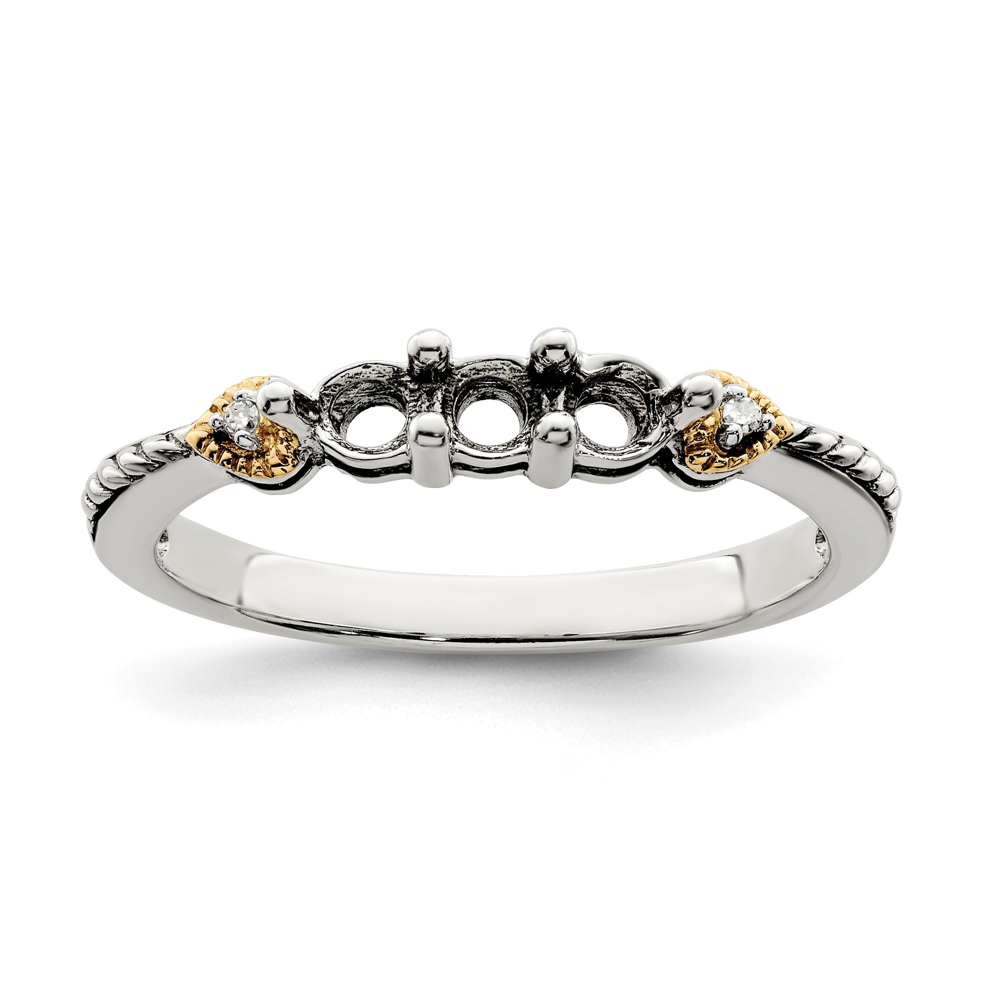 Sterling Silver Antiqued w/14k 3-stone w/Diamond Mother's Semi-Mount Ring