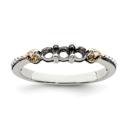 Sterling Silver Antiqued w/14k 3-stone w/Diamond Mother's Semi-Mount Ring