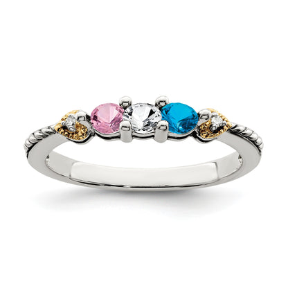 Sterling Silver Antiqued w/14k 3-stone w/Diamond Mother's Semi-Mount Ring