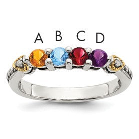 Sterling Silver Antiqued w/14k 4-stone w/Diamond Mother's Semi-Mount Ring