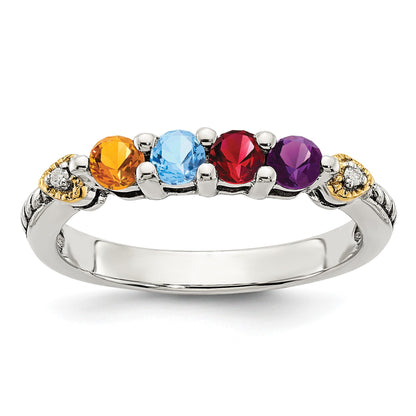 Sterling Silver Antiqued w/14k 4-stone w/Diamond Mother's Semi-Mount Ring