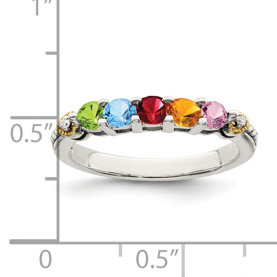 Sterling Silver Antiqued w/14k 5-stone w/Diamond Mother's Semi-Mount Ring