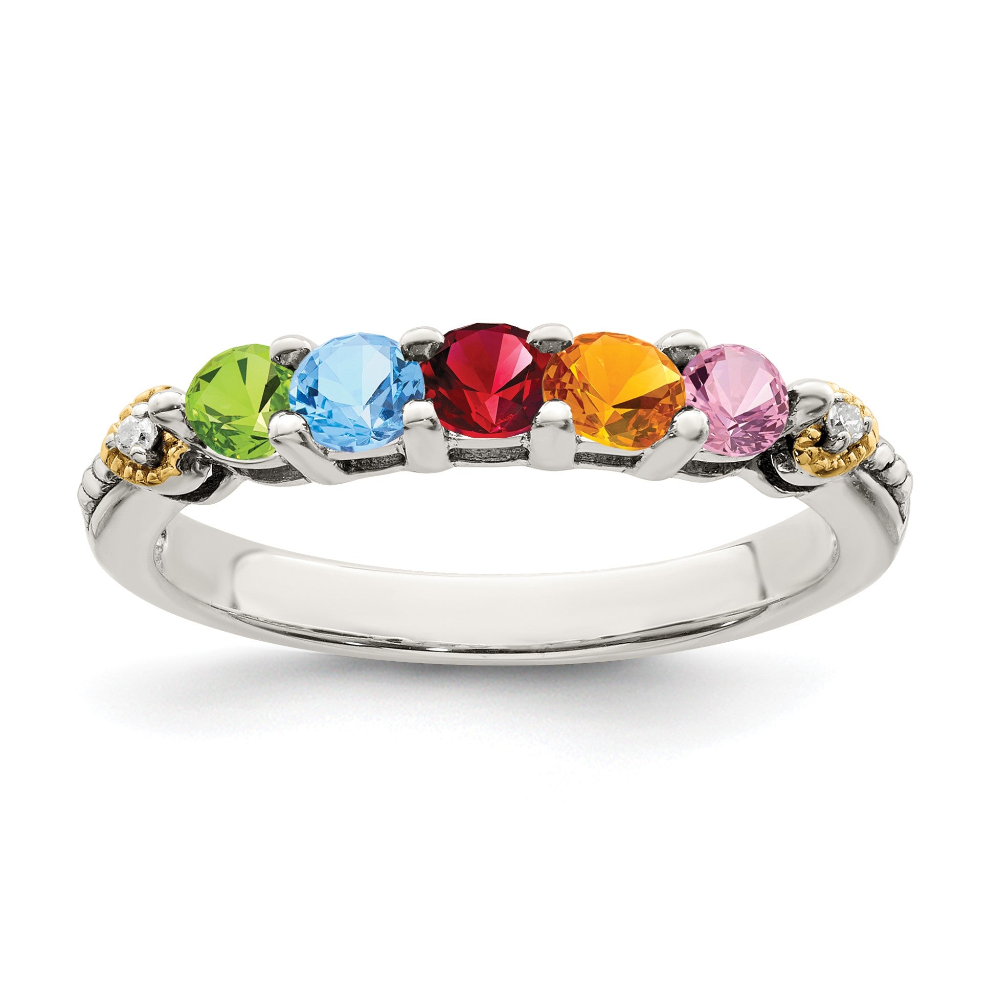 Sterling Silver Antiqued w/14k 5-stone w/Diamond Mother's Semi-Mount Ring