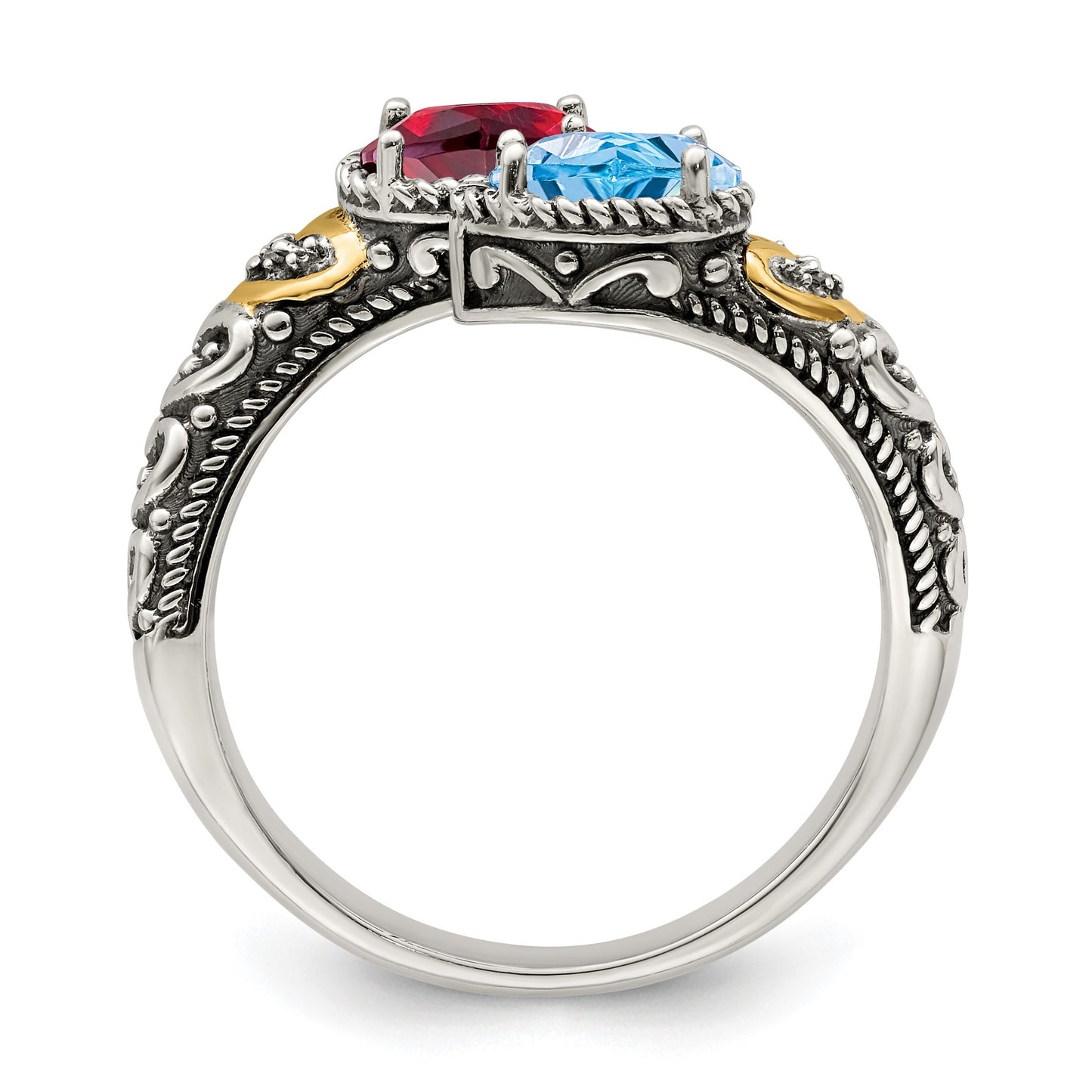 Sterling Silver Antiqued w/14k 2-stone w/Diamond Mother's Ring Semi-Mount