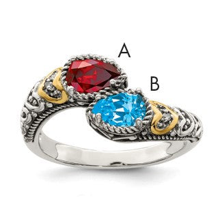 Sterling Silver Antiqued w/14k 2-stone w/Diamond Mother's Ring Semi-Mount