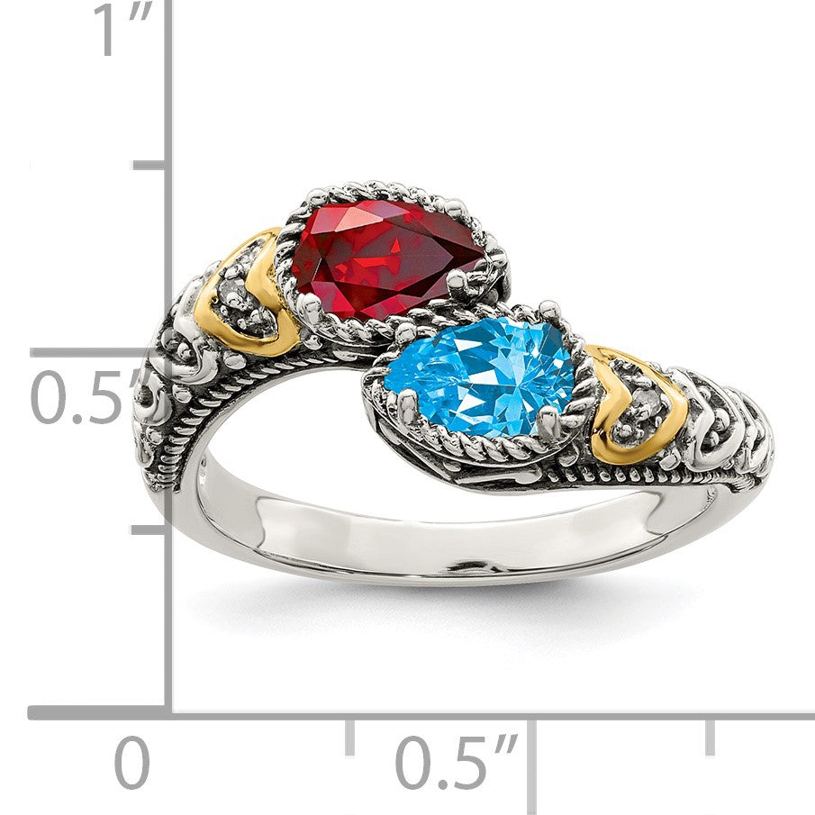 Sterling Silver Antiqued w/14k 2-stone w/Diamond Mother's Ring Semi-Mount