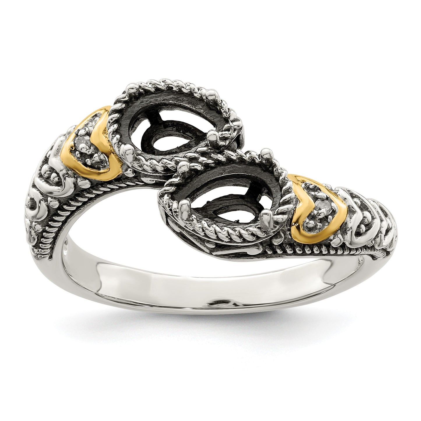 Sterling Silver Antiqued w/14k 2-stone w/Diamond Mother's Ring Semi-Mount