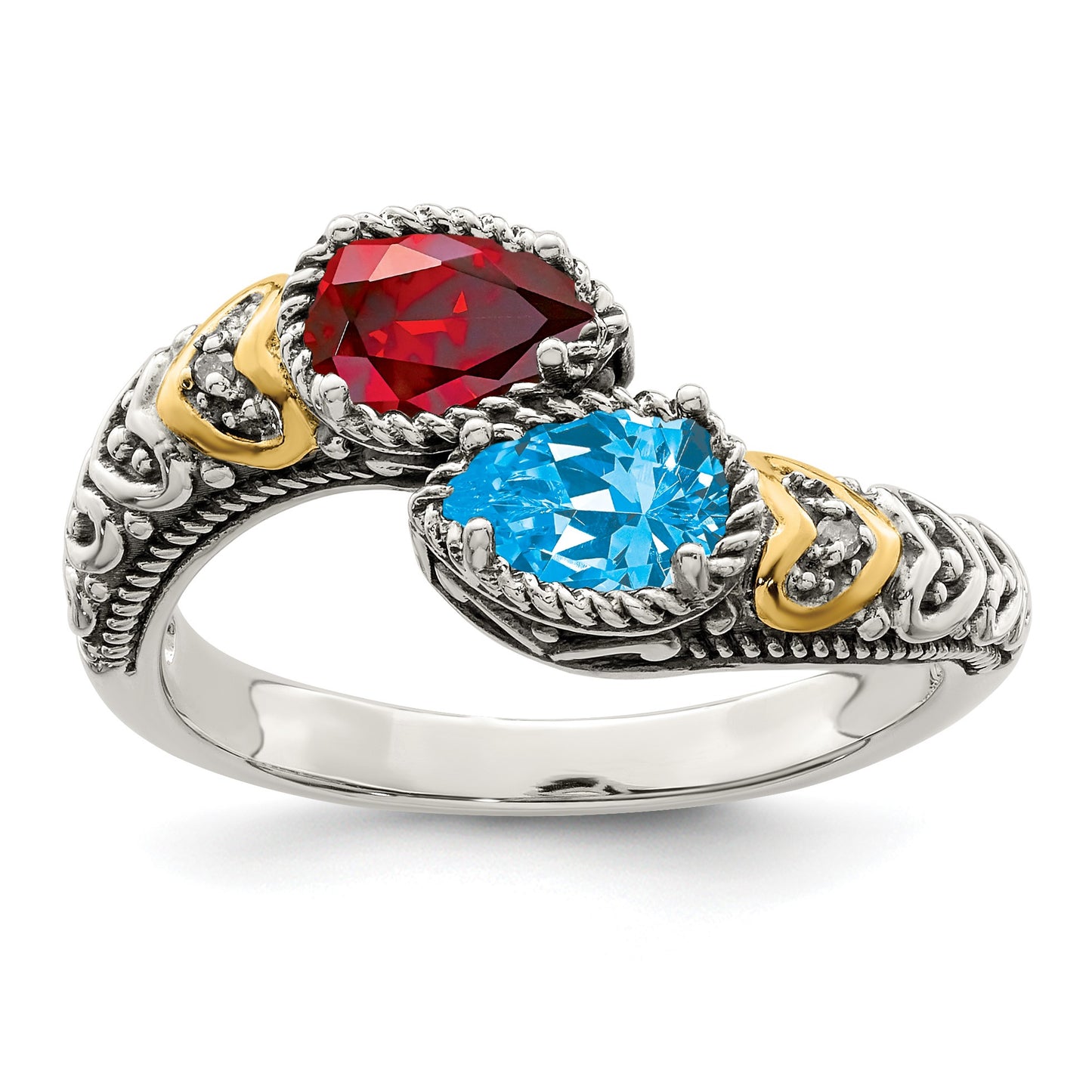 Sterling Silver Antiqued w/14k 2-stone w/Diamond Mother's Ring Semi-Mount