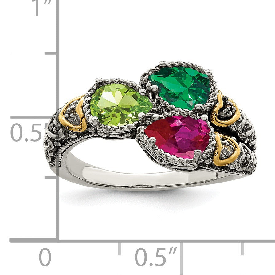 Sterling Silver Antiqued w/14k 3-stone w/Diamond Mother's Ring Semi-Mount