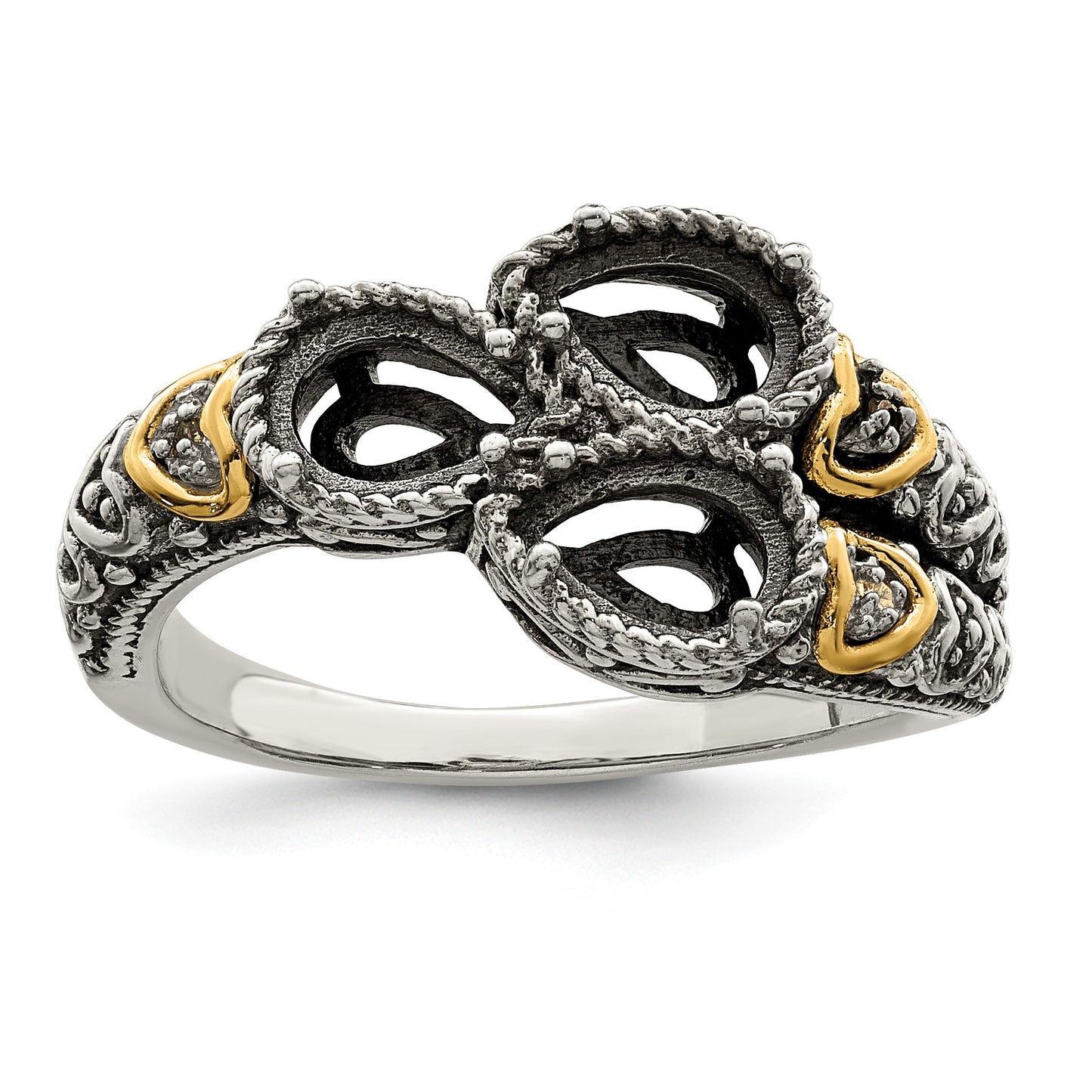 Sterling Silver Antiqued w/14k 3-stone w/Diamond Mother's Ring Semi-Mount