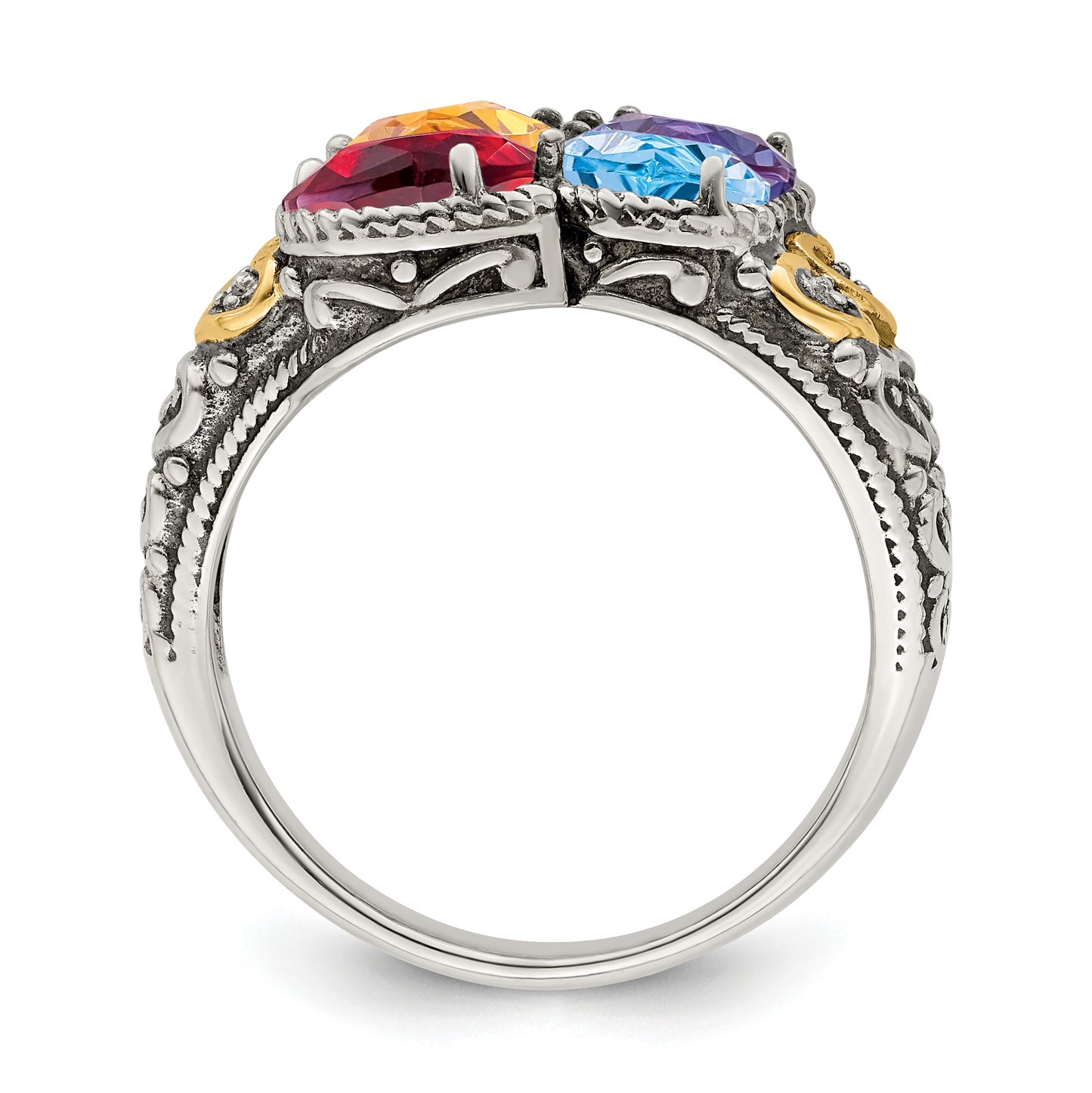 Sterling Silver Antiqued w/14k 4-stone w/Diamond Mother's Ring Semi-Mount