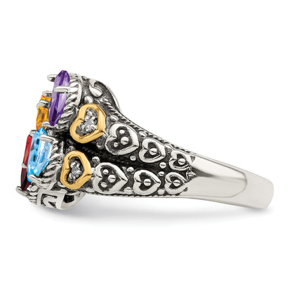 Sterling Silver Antiqued w/14k 4-stone w/Diamond Mother's Ring Semi-Mount