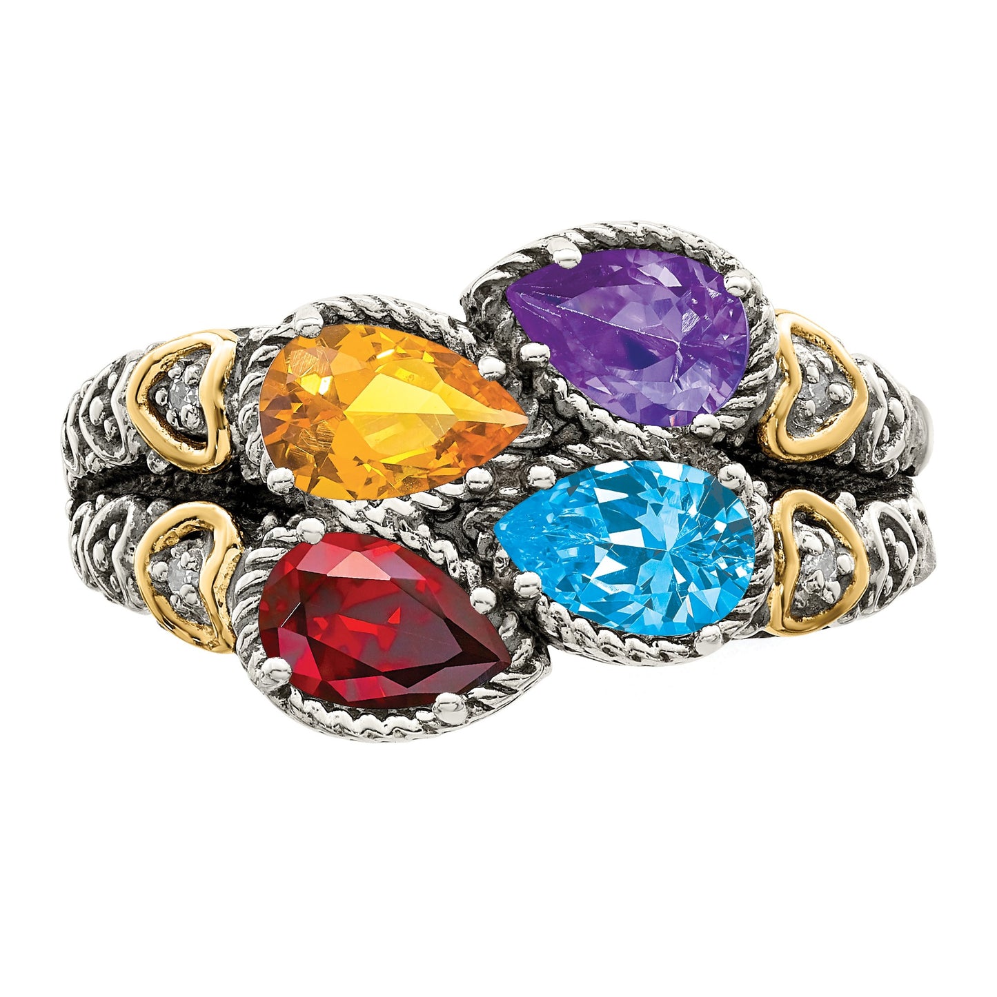 Sterling Silver Antiqued w/14k 4-stone w/Diamond Mother's Ring Semi-Mount