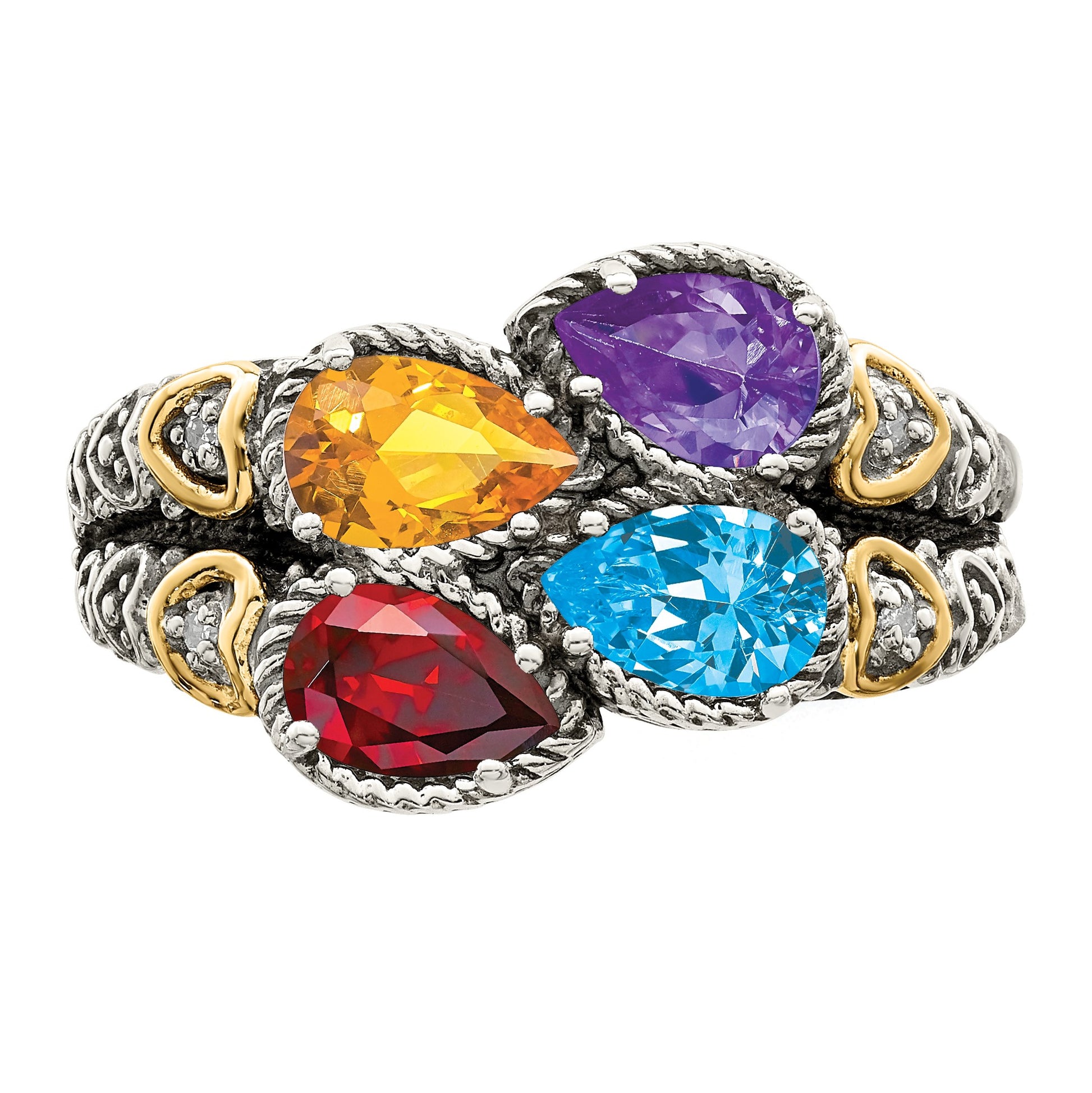 Sterling Silver Antiqued w/14k 4-stone w/Diamond Mother's Ring Semi-Mount