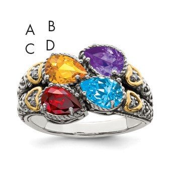 Sterling Silver Antiqued w/14k 4-stone w/Diamond Mother's Ring Semi-Mount