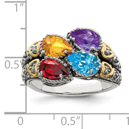 Sterling Silver Antiqued w/14k 4-stone w/Diamond Mother's Ring Semi-Mount