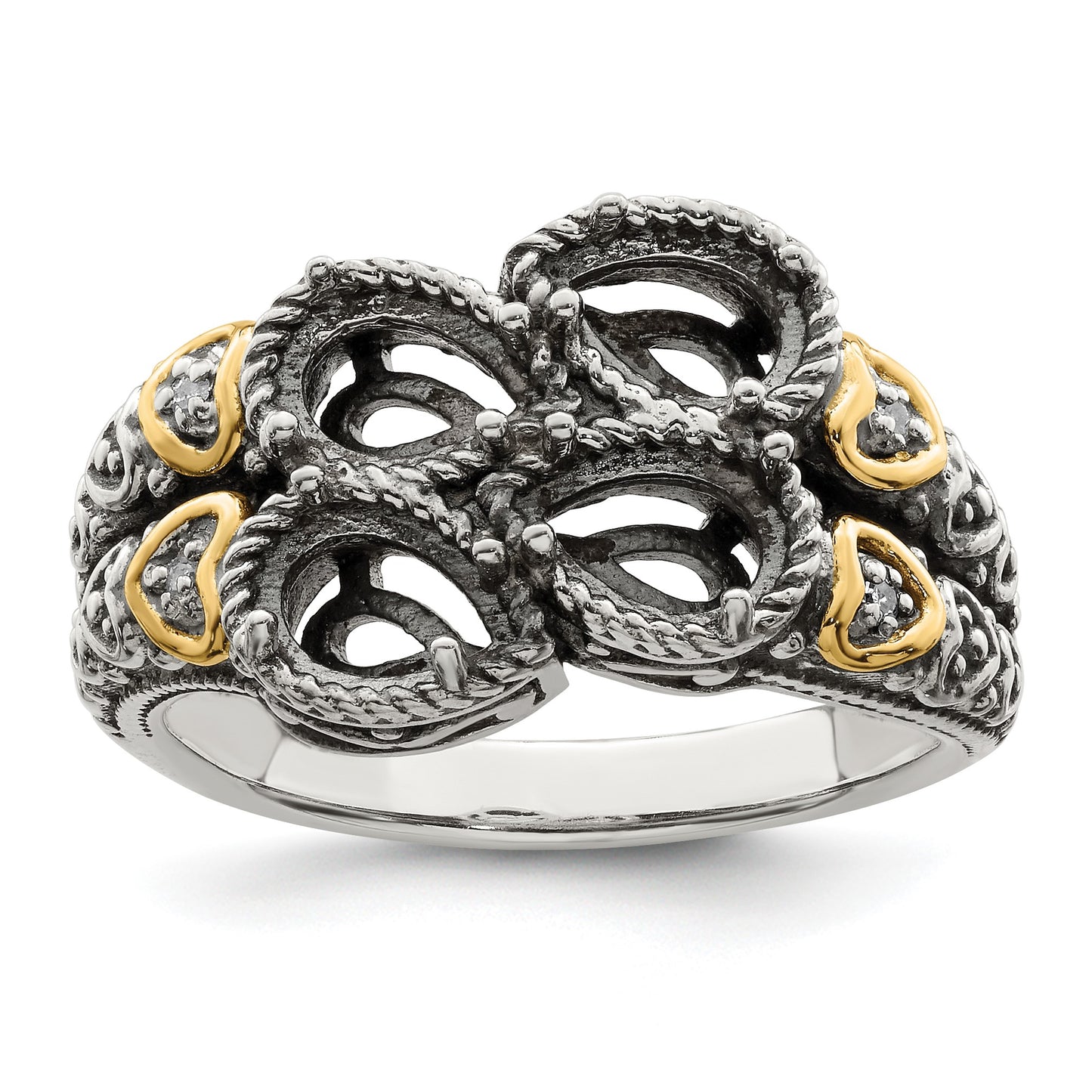 Sterling Silver Antiqued w/14k 4-stone w/Diamond Mother's Ring Semi-Mount