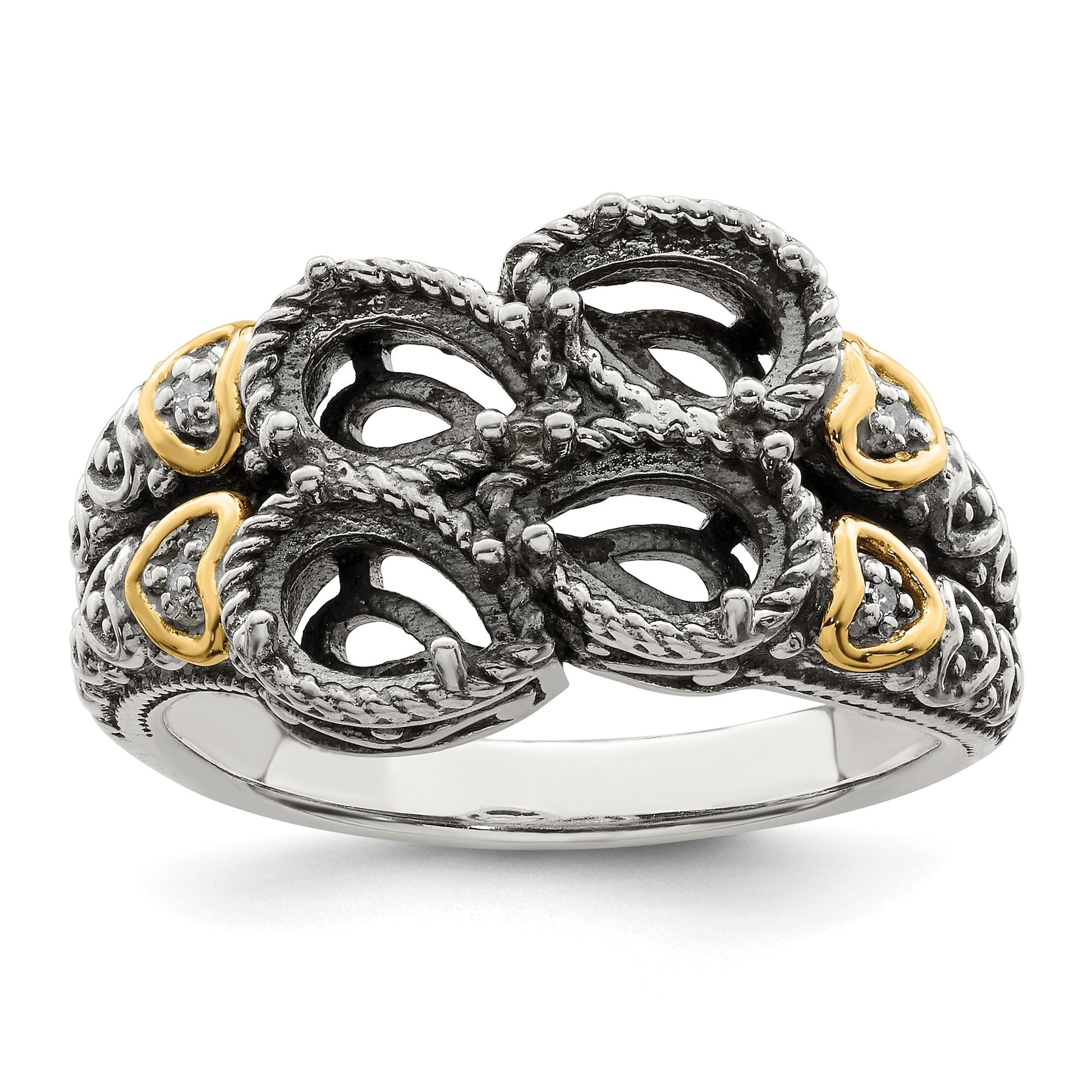 Sterling Silver Antiqued w/14k 4-stone w/Diamond Mother's Ring Semi-Mount