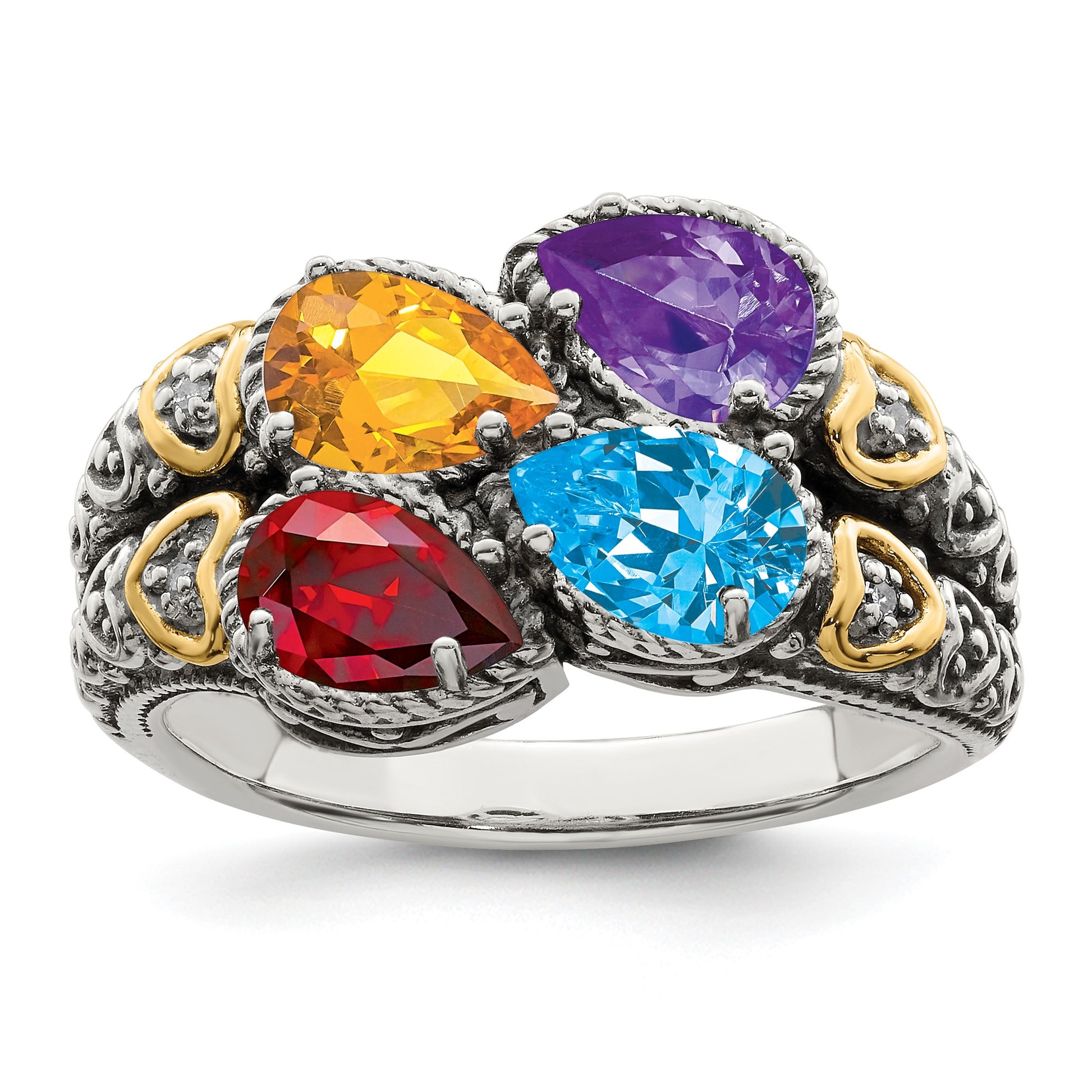 Sterling Silver Antiqued w/14k 4-stone w/Diamond Mother's Ring Semi-Mount