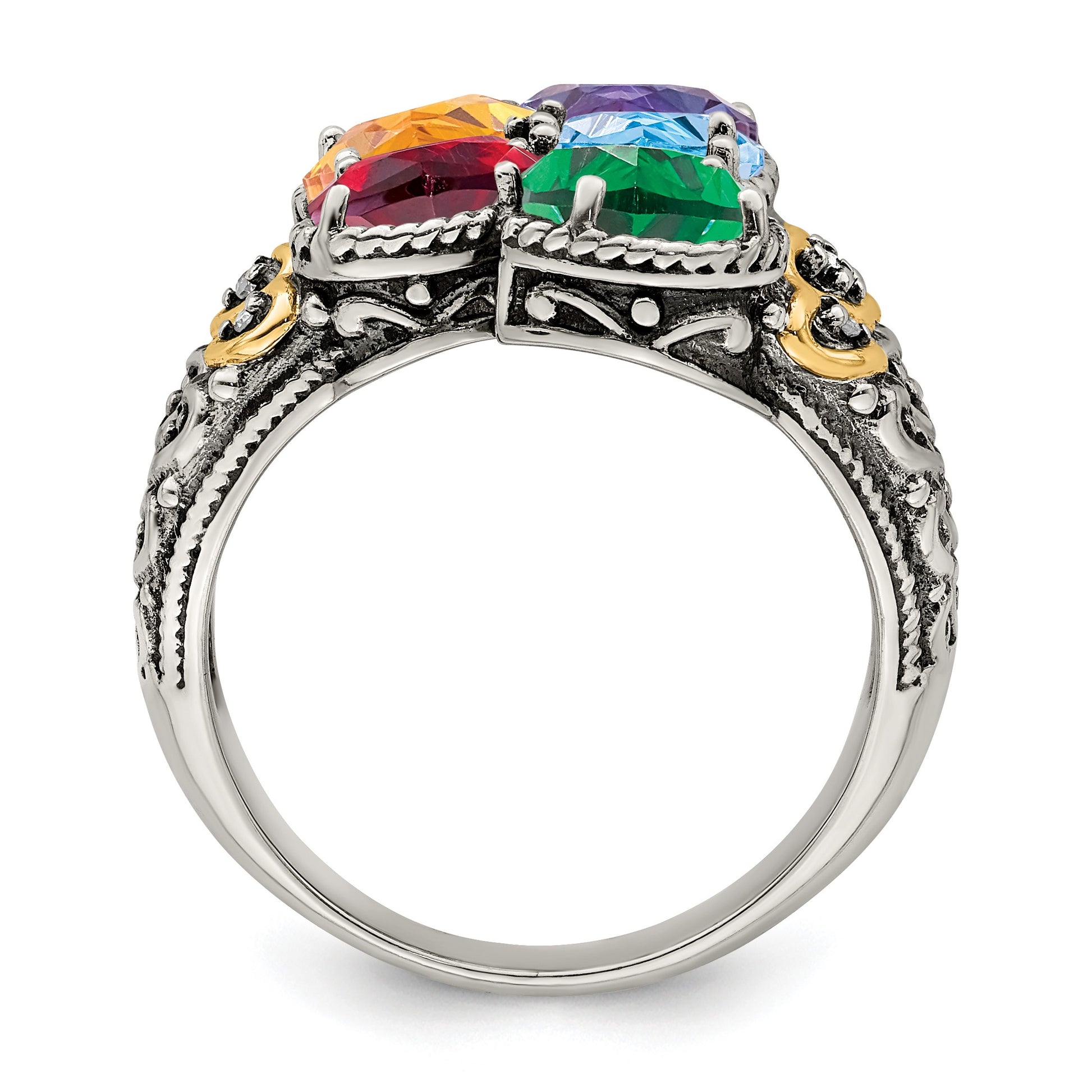 Sterling Silver Antiqued w/14k 5-stone w/Diamond Mother's Ring Semi-Mount