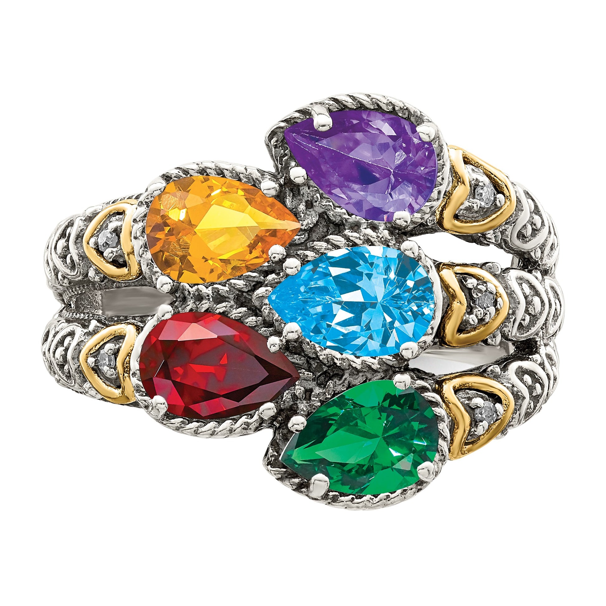 Sterling Silver Antiqued w/14k 5-stone w/Diamond Mother's Ring Semi-Mount