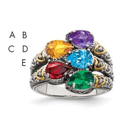 Sterling Silver Antiqued w/14k 5-stone w/Diamond Mother's Ring Semi-Mount