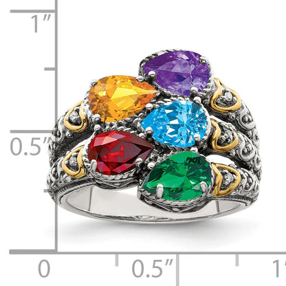 Sterling Silver Antiqued w/14k 5-stone w/Diamond Mother's Ring Semi-Mount