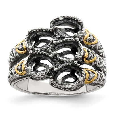 Sterling Silver Antiqued w/14k 5-stone w/Diamond Mother's Ring Semi-Mount