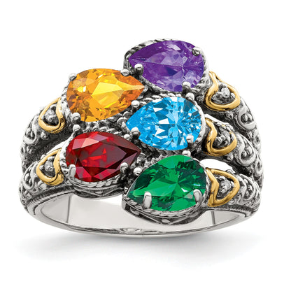 Sterling Silver Antiqued w/14k 5-stone w/Diamond Mother's Ring Semi-Mount