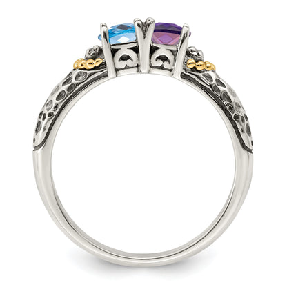 Sterling Silver Antiqued w/14k 2-stone w/Diamond Mother's Ring Semi-Mount