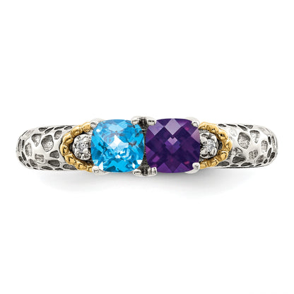 Sterling Silver Antiqued w/14k 2-stone w/Diamond Mother's Ring Semi-Mount