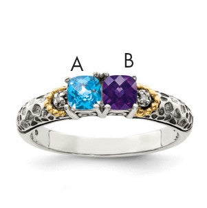 Sterling Silver Antiqued w/14k 2-stone w/Diamond Mother's Ring Semi-Mount