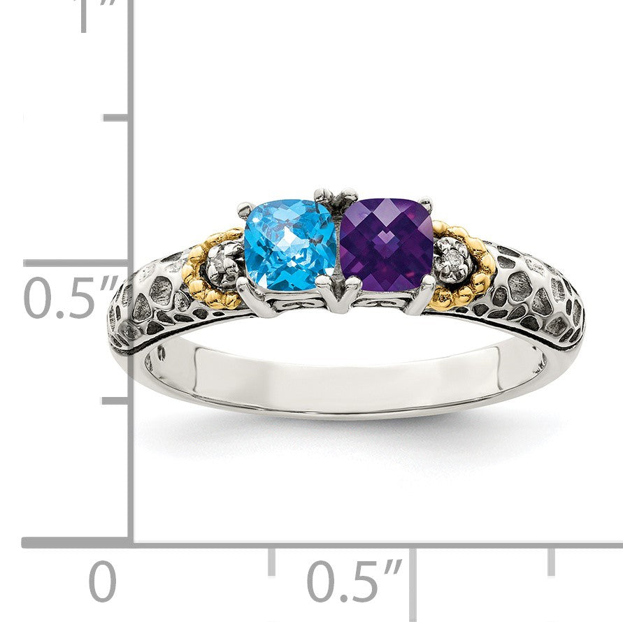 Sterling Silver Antiqued w/14k 2-stone w/Diamond Mother's Ring Semi-Mount