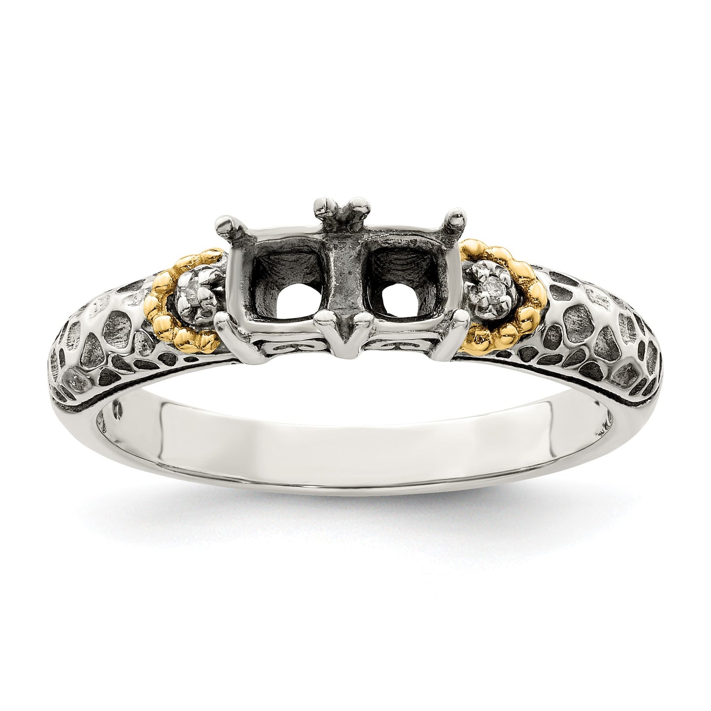 Sterling Silver Antiqued w/14k 2-stone w/Diamond Mother's Ring Semi-Mount